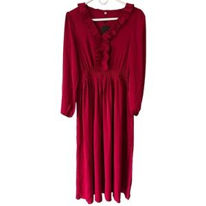 Kohl's Solid Red Long Sleeved Maxi Dress Smocked Waist Elastic Cuff Womens S NWT
